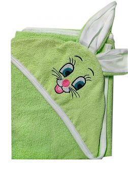 Махровое полотенце детское "Уголок" 95*95 с ушками (Зайка, салатовый)