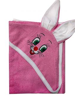 Махровое полотенце детское "Уголок" 95*95 с ушками (Зайка, розовый)