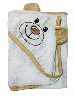 Махровое полотенце детское "Уголок" 95*95 с ушками (Мишка, белый)