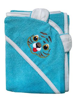 Махровое полотенце детское "Уголок" 95*95 с ушками (Тигренок, бирюзовый)